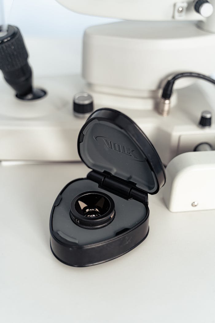Optometry equipment with a focus on a lens case, ideal for eye care themes.